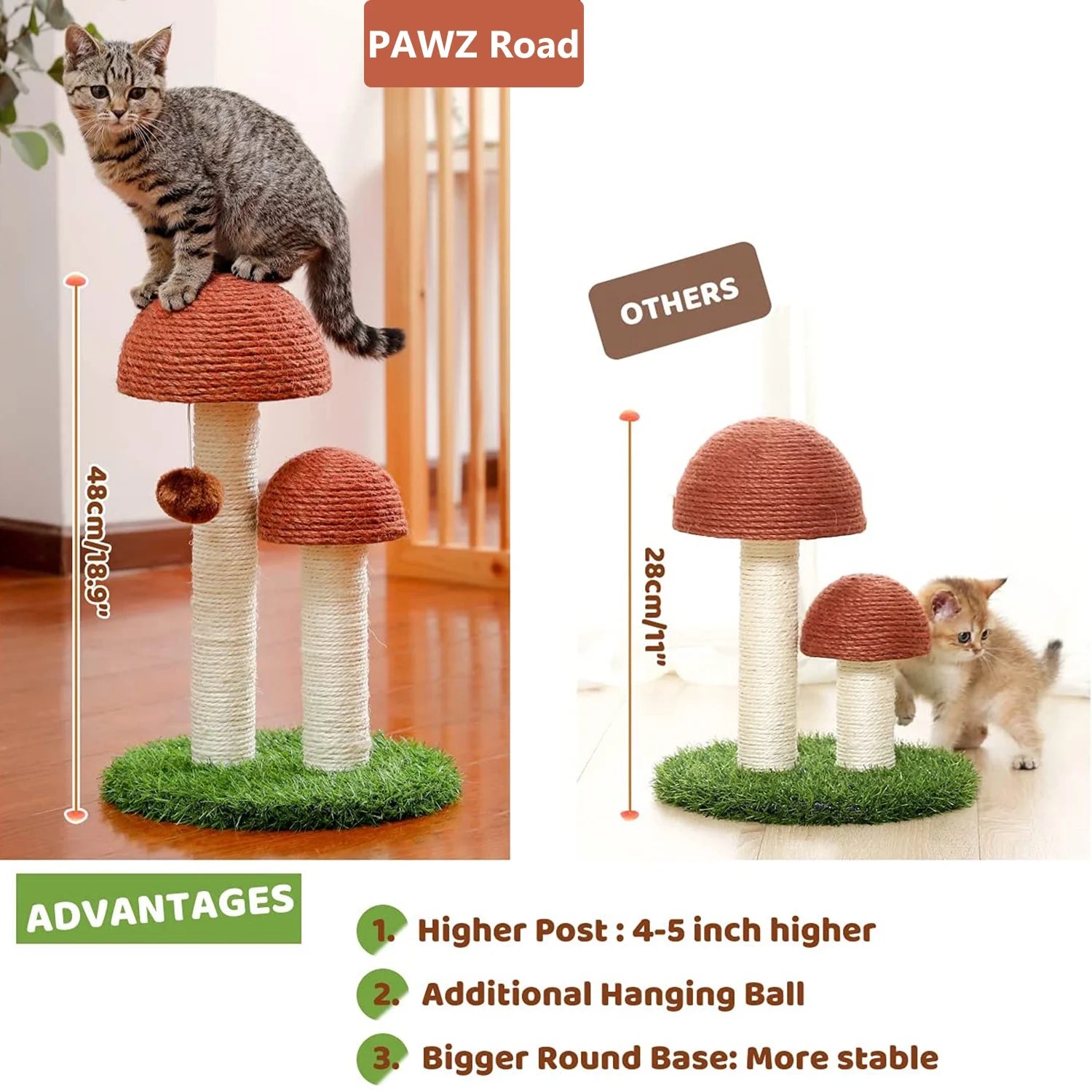 Mushroom-Shaped 19" Cat Scratching Post with Sisal for Kittens and Small Cats - Brown