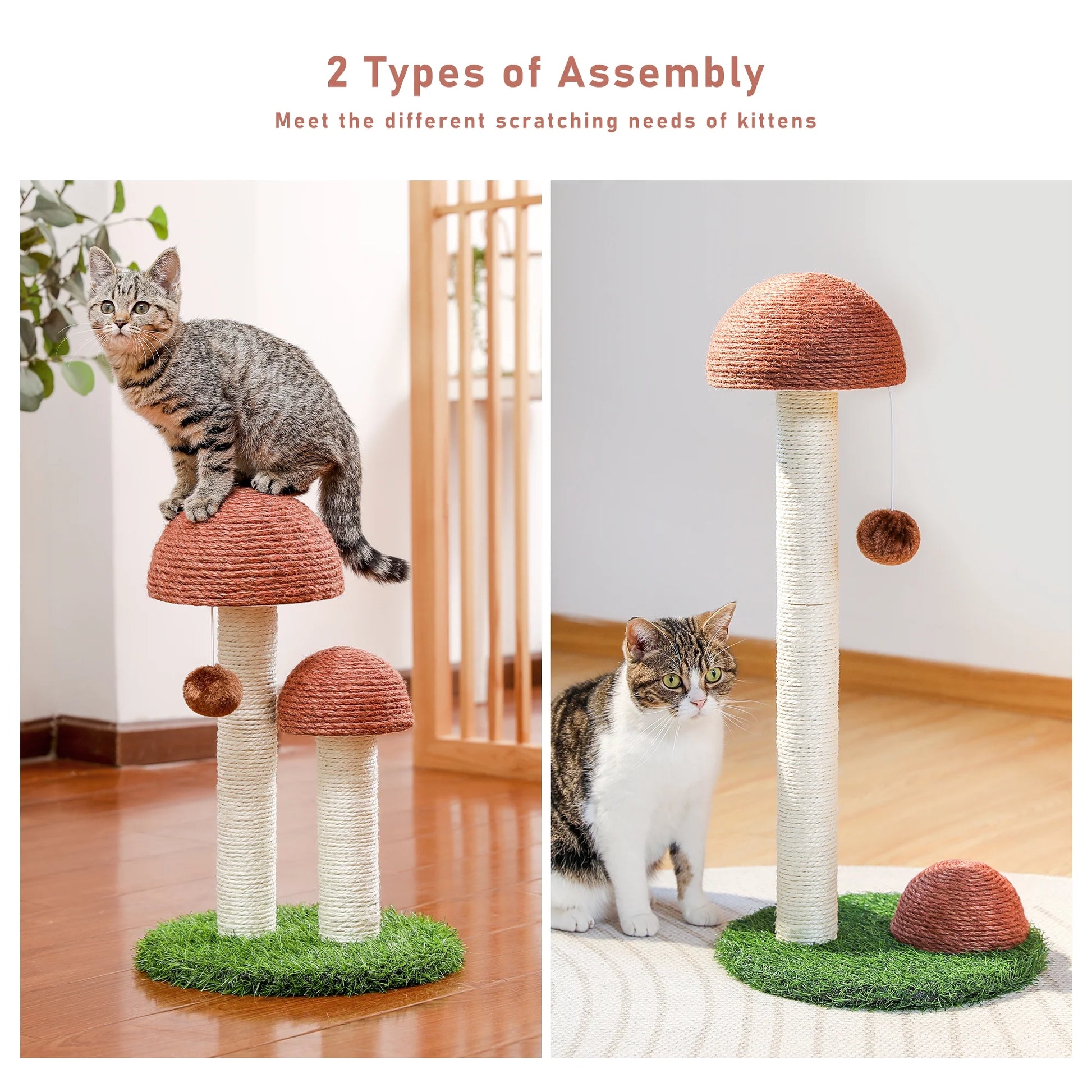 Mushroom-Shaped 19" Cat Scratching Post with Sisal for Kittens and Small Cats - Brown